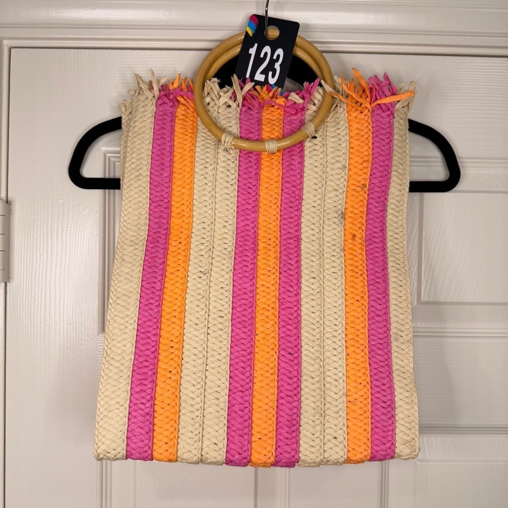 #123 Shiraleah Straw Tote Bag Pink Orange Striped Wooden Handle Fringed - Picture 2 of 11